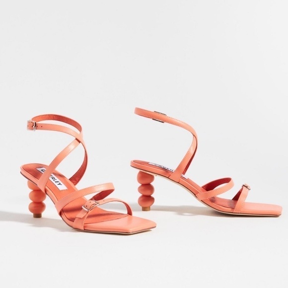 ANTHROPOLOGIE CAVERLEY MAZIE STRAPPY SQUARE TOE CORAL ROCK ANKLE WRAP HEELS - Picture 1 of 13